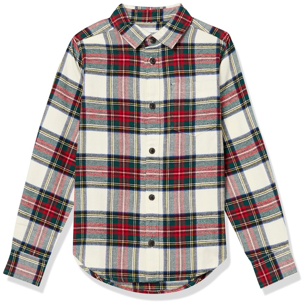 Amazon Essentials Boys' Flannel Button Down Shirt, Green Red Plaid, Medium