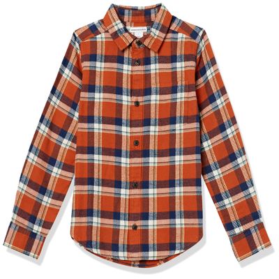 Amazon Essentials Boys' Flannel Button Down Shirt, Navy Orange Plaid, X-Small