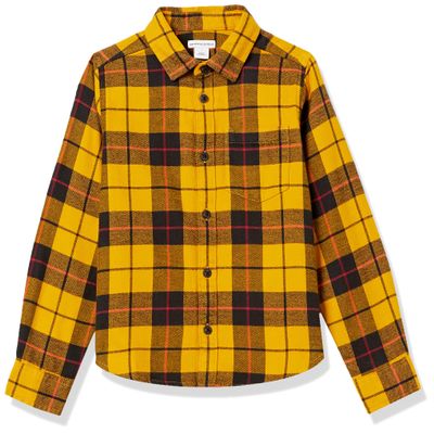 Amazon Essentials Boys' Flannel Button Down Shirt, Yellow Plaid, Large