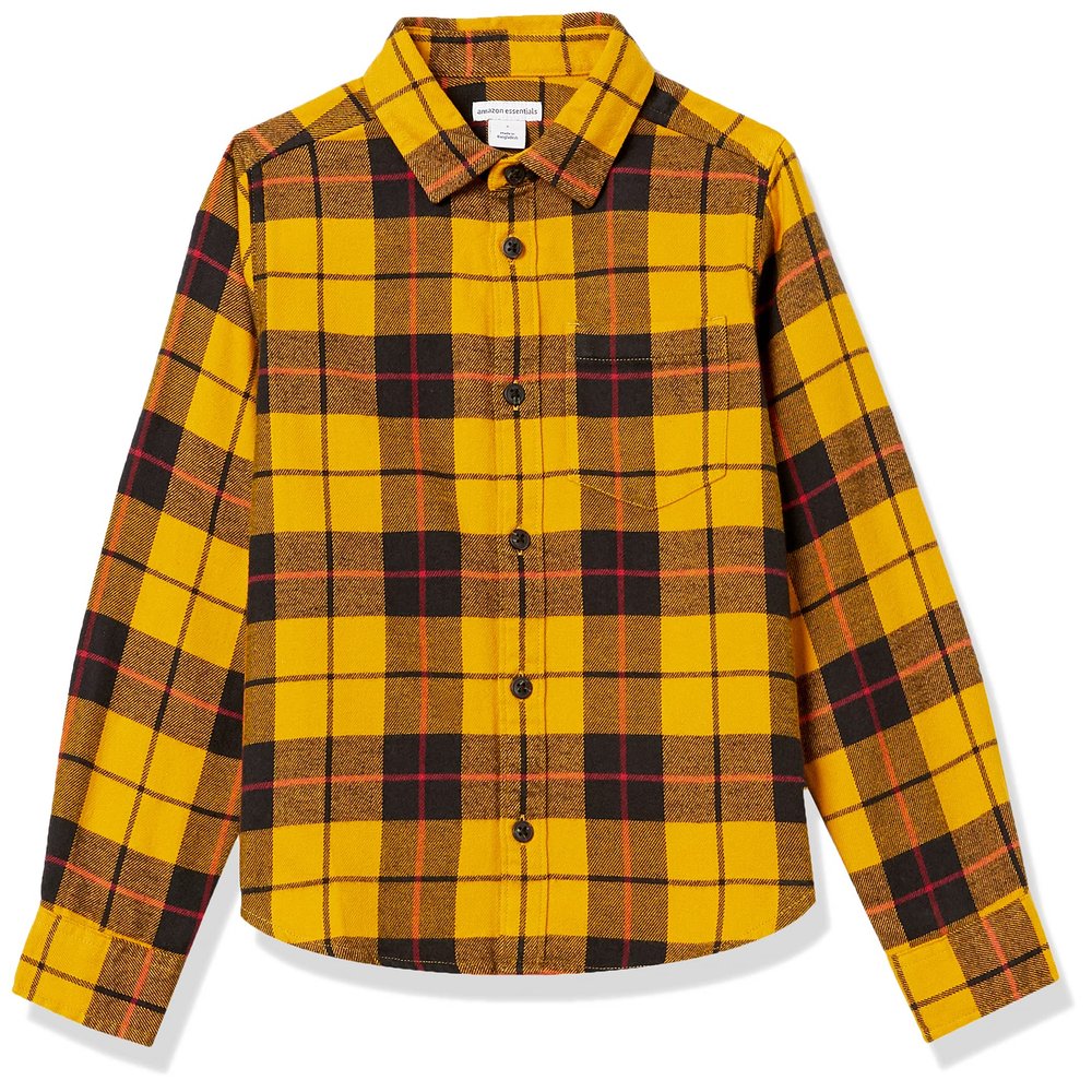 Amazon Essentials Boys' Flannel Button Down Shirt, Yellow Plaid, Large