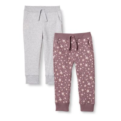 Amazon Essentials Girls' Elastic Waist Jogger Sweatpants, Regular-Fit, Pack of 2, Light Grey Heather/Mauve Stars, X-Small