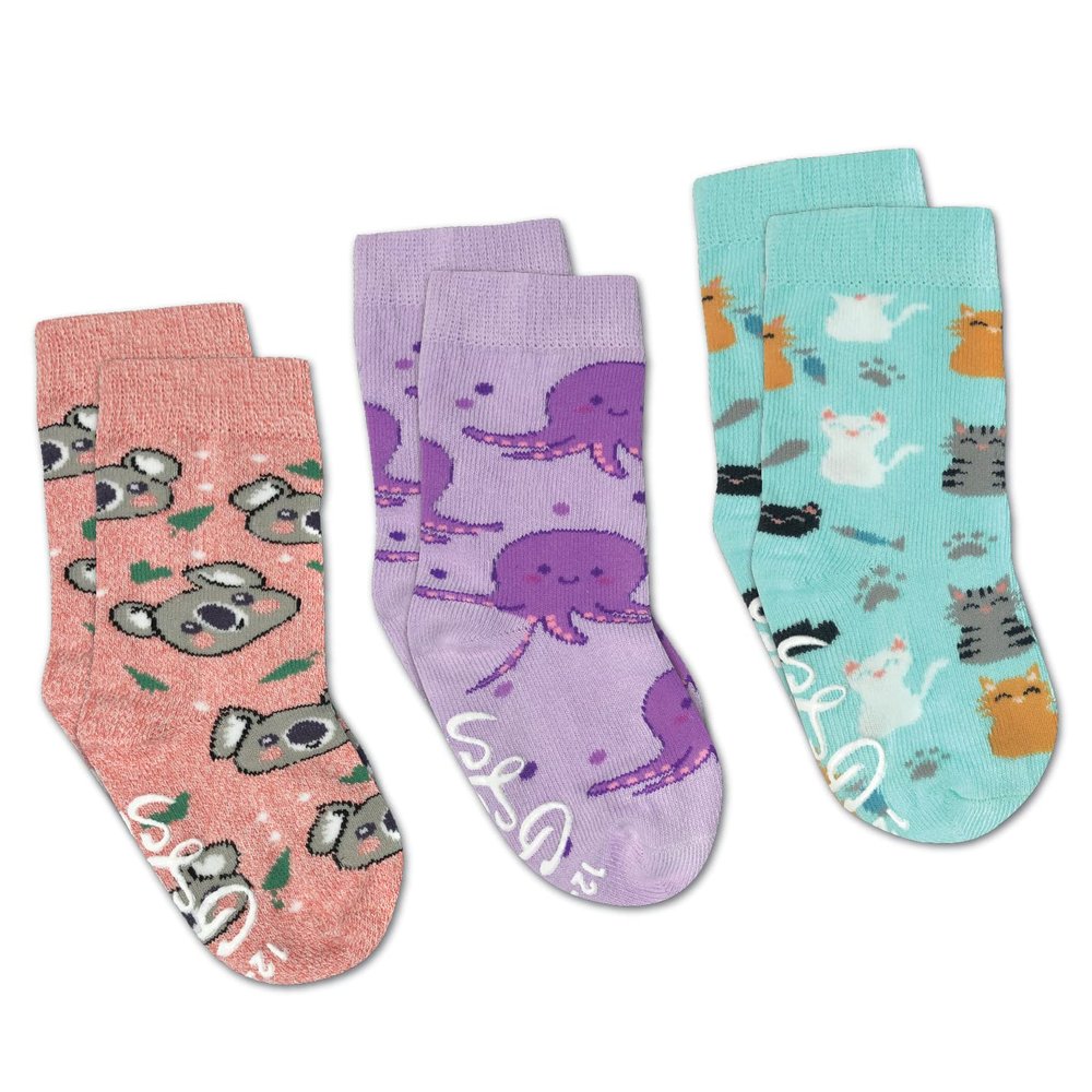 Good Luck Sock Cats, Koala and Octopus Kids Socks, 3-Pack, 1-2 Years