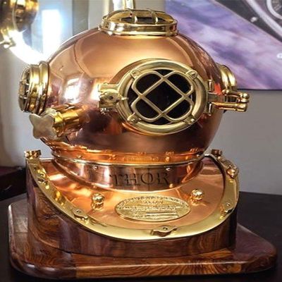 Full-Size U.S. Navy Mark V Brass & Copper Scuba Diving Divers Helmet 18'' Wooden Base Rustic Vintage Home Decor Gifts