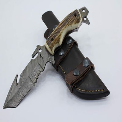 Alyaan Blades HANDMADE DAMASCUS STEELTRACKER KNIFE AND HUNTING KNIFE 10"- FIXED BLADE 5" WITH STUNNING STAG ANTLER HANDLE & Sheath - GRIP FOR OUTDOOR SURVIVAL, CAMPING AND HUNTING- Horizontal Carry Fixed Blade