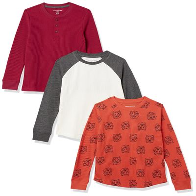 Amazon Essentials Boys' Long-Sleeve Cotton Thermal T-Shirt, Base Layer, Pack of 3, Orange Tiger/Red/White, Large