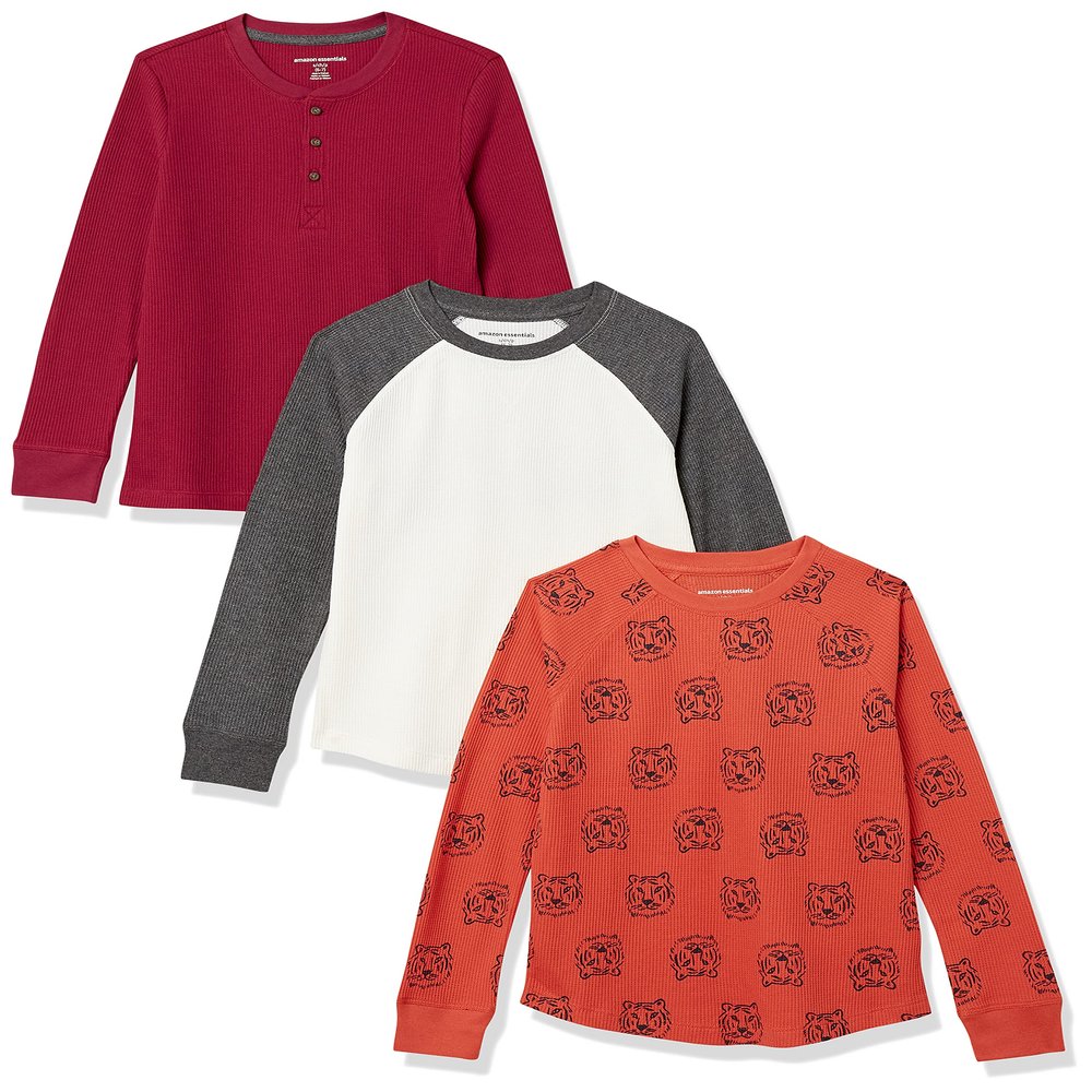 Amazon Essentials Boys' Long-Sleeve Cotton Thermal T-Shirt, Base Layer, Pack of 3, Orange Tiger/Red/White, Large