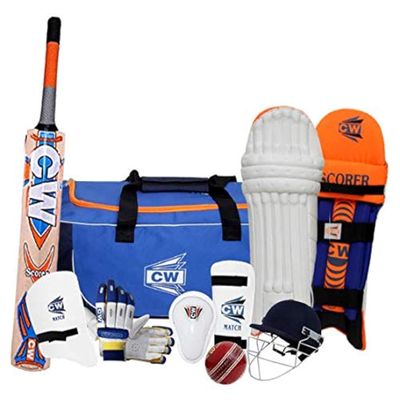 CW SCOREMASTER Cricket Set Cricket Kit Complete Cricket Bundle Cricket Gears Package Single Player Set Premium Sports Cricket Set Adults Full Size Kashmir Willow - Junior Bat Size 5 for Age 10-11 Yr