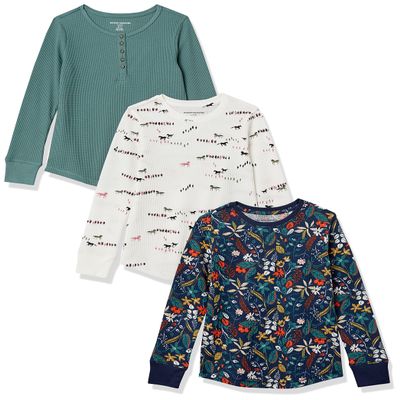 Amazon Essentials Girls' Long-Sleeve Knit Thermals, 3-Pack Dark Floral, 2T