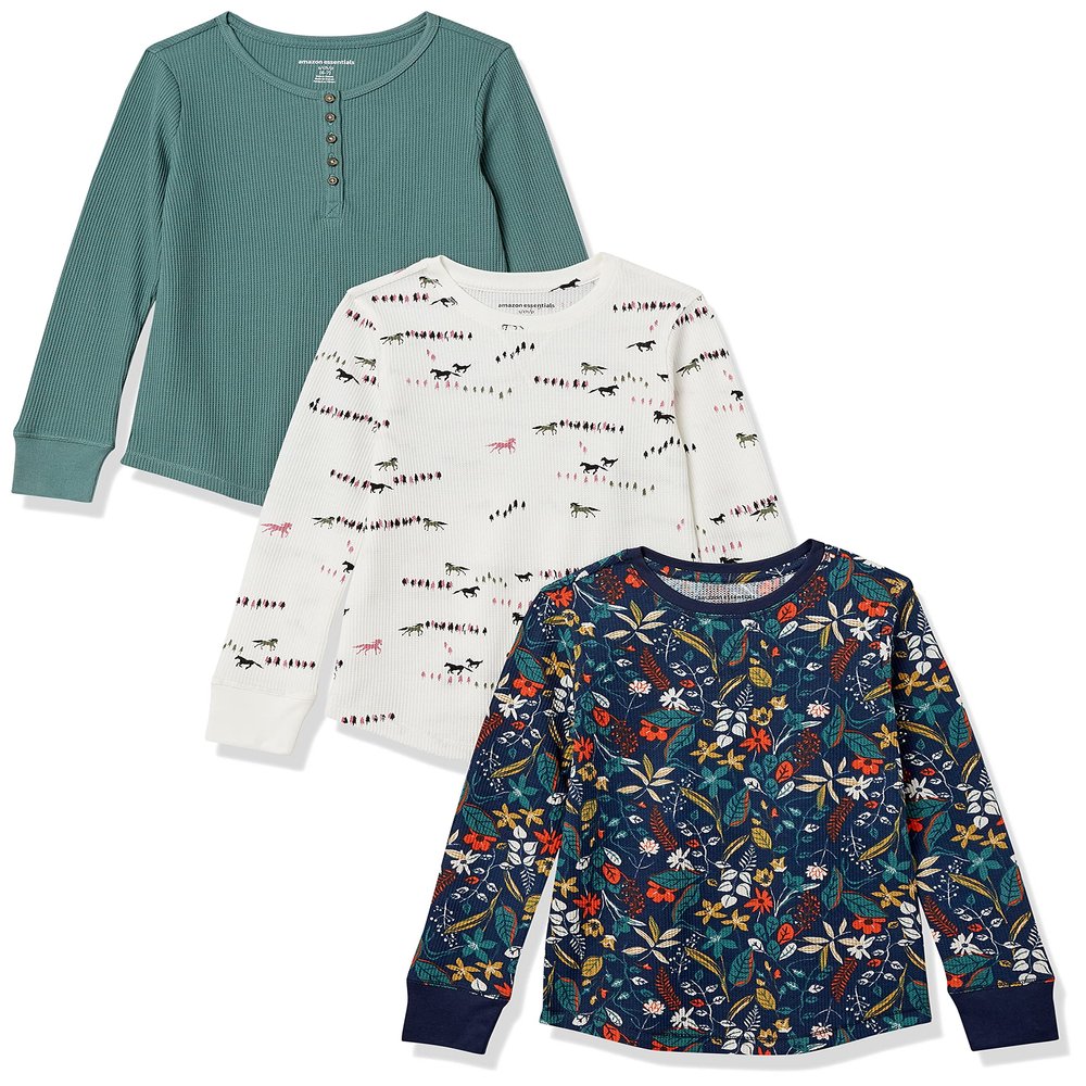 Amazon Essentials Girls' Long-Sleeve Knit Thermals, 3-Pack Dark Floral, 2T