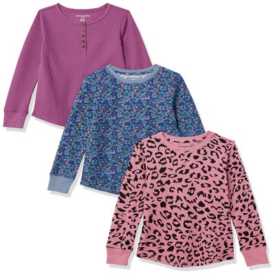 Amazon Essentials Girls' Long-Sleeve Knit Thermals, 3-Pack Purple Animal, Small