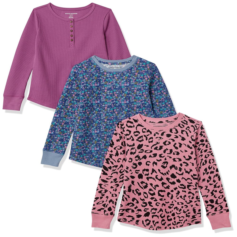 Amazon Essentials Girls' Long-Sleeve Knit Thermals, 3-Pack Purple Animal, Small