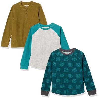 Amazon Essentials Toddler Boys' Long-Sleeve Cotton Thermal T-Shirt, Base Layer, Pack of 3, Dark Turquoise Green Tiger/Grey/Light Olive, 2T