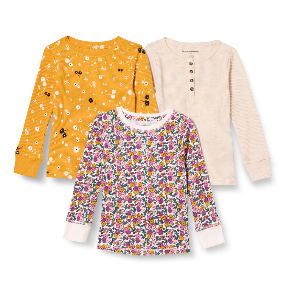 Amazon Essentials Girls' Long-Sleeve Cotton Thermal T-Shirt, Pack of 3, Beige/Mustard Yellow Floral/White Floral Print, X-Small