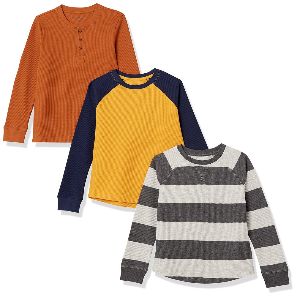 Amazon Essentials Boys' Long-Sleeve Knit Thermals, 3-Pack Rugby Stripe, Large