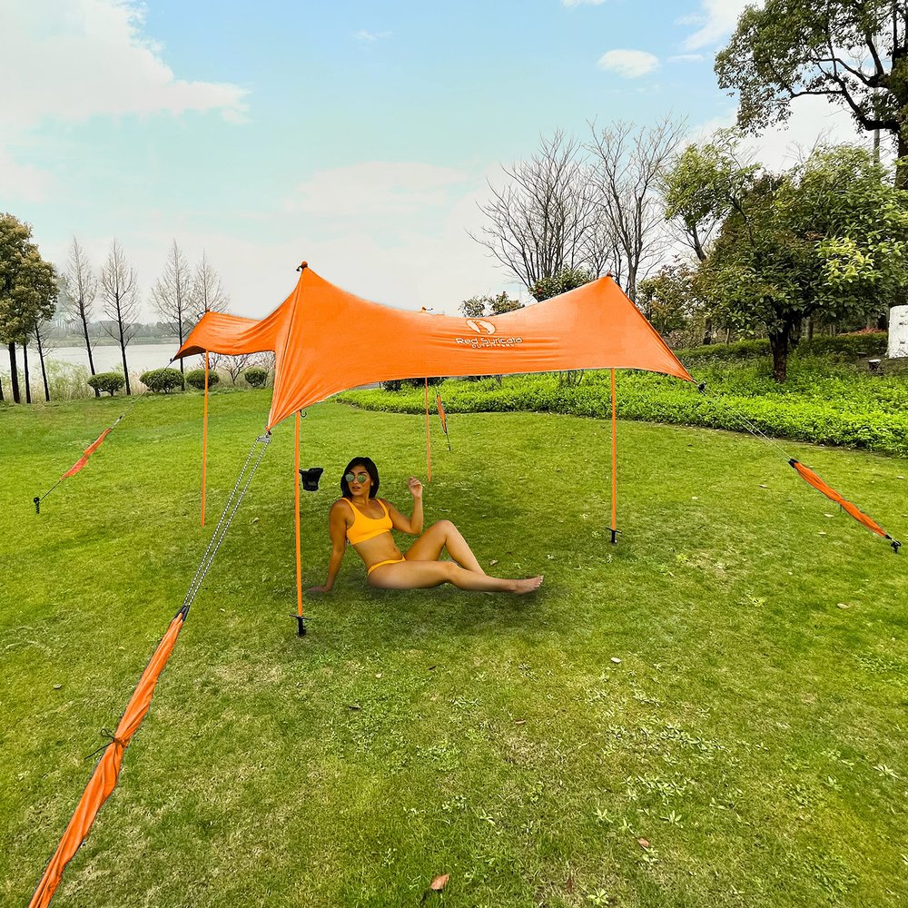 Red Suricata Premium Multi-Terrain Beach Tent & Beach Canopy in Backpack, UPF50 Sun Beach Shade, Pop Up Camping & Picnic Sunshade with 4 Poles, 4 Pole Anchors & 4 Tent Screws, Sun Shelter (Med Orange)