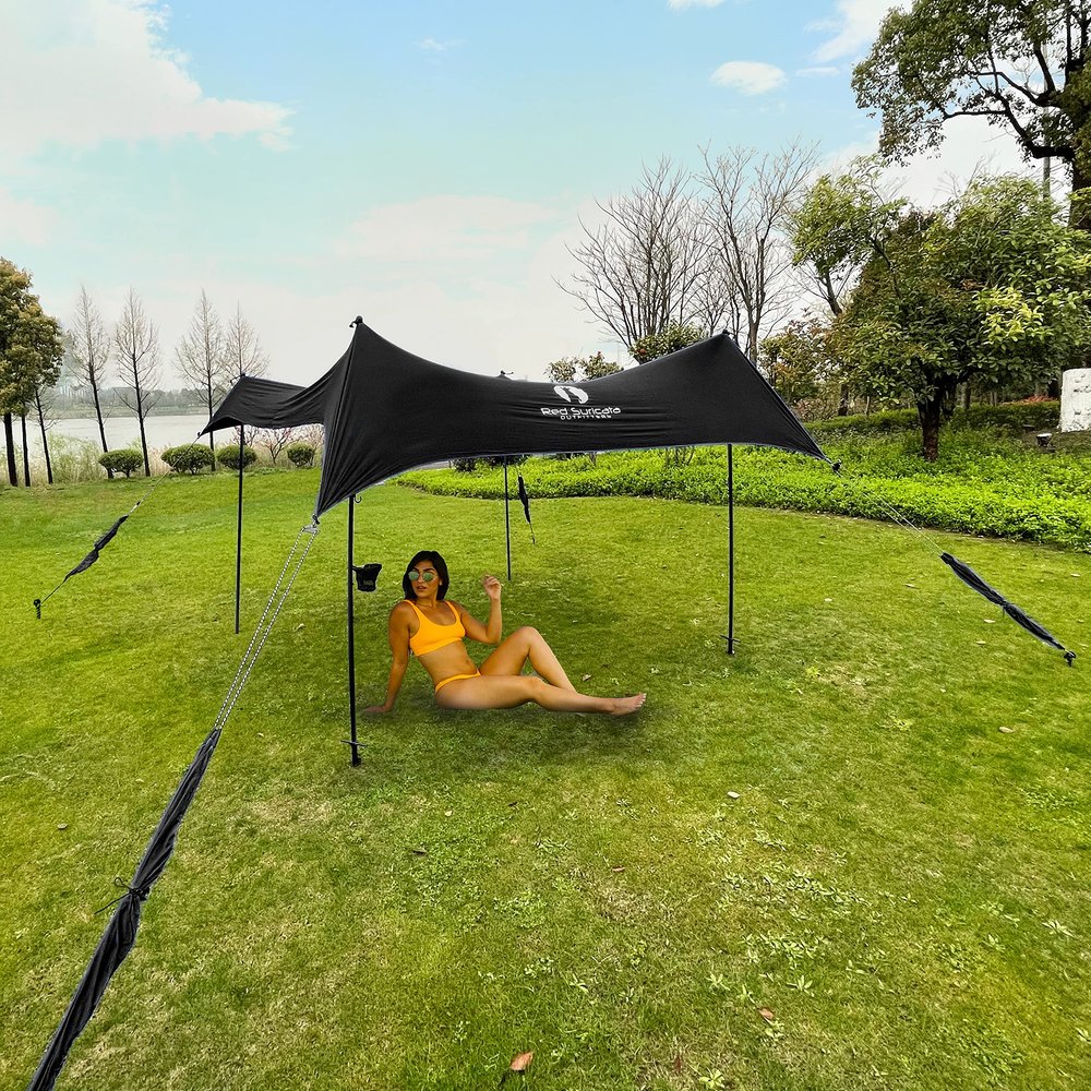 Red Suricata Premium Multi-Terrain Beach Tent & Beach Canopy in Backpack, UPF50 Sun Beach Shade, Pop Up Camping & Picnic Sunshade with 4 Poles, 4 Pole Anchors & 4 Tent Screws, Sun Shelter (Med Black)