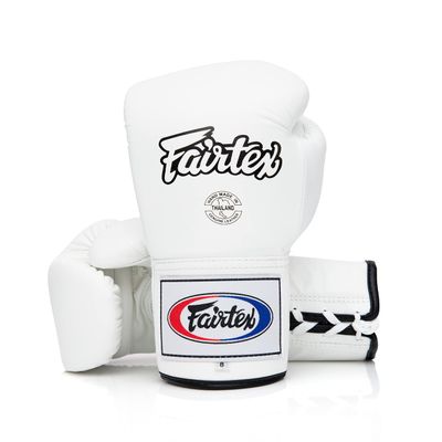 Fairtex BGL6 Handmade Leather Gloves| Optimal fist Closure with a Locked-Thumb Design| Premium Leather |Triple-Layered Foam |Lace-up Closure. Ideal for Boxing, MMA, and Kickboxing.(White/14oz)