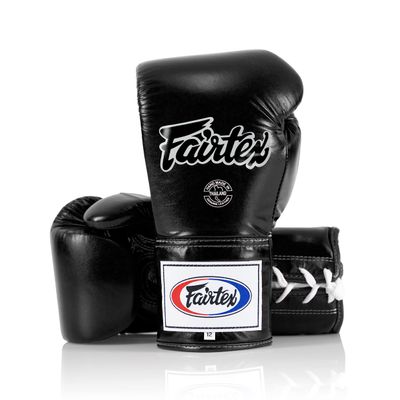 Fairtex BGL6 Handmade Leather Gloves| Optimal fist Closure with a Locked-Thumb Design| Premium Leather |Triple-Layered Foam |Lace-up Closure. Ideal for Boxing, MMA, and Kickboxing.(Black/14oz)