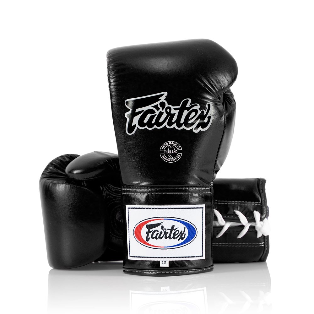 Fairtex BGL6 Handmade Leather Gloves| Optimal fist Closure with a Locked-Thumb Design| Premium Leather |Triple-Layered Foam |Lace-up Closure. Ideal for Boxing, MMA, and Kickboxing.(Black/14oz)