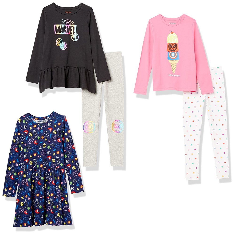 Amazon Essentials Toddler Girls' Cotton Mix-and-Match Outfit Sets, Pack of 5, Marvel Icons Print, 2T