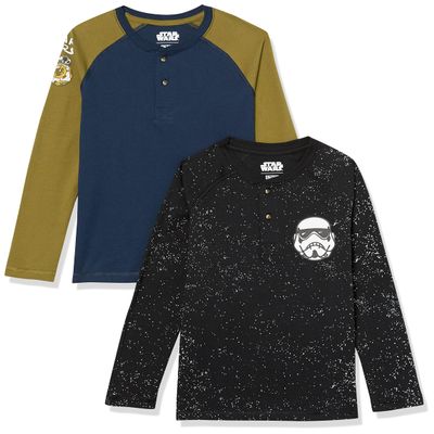Amazon Essentials Disney | Marvel | Star Wars Boys' Long-Sleeve Henley T-Shirts, Pack of 2, Star Wars Icons, Medium