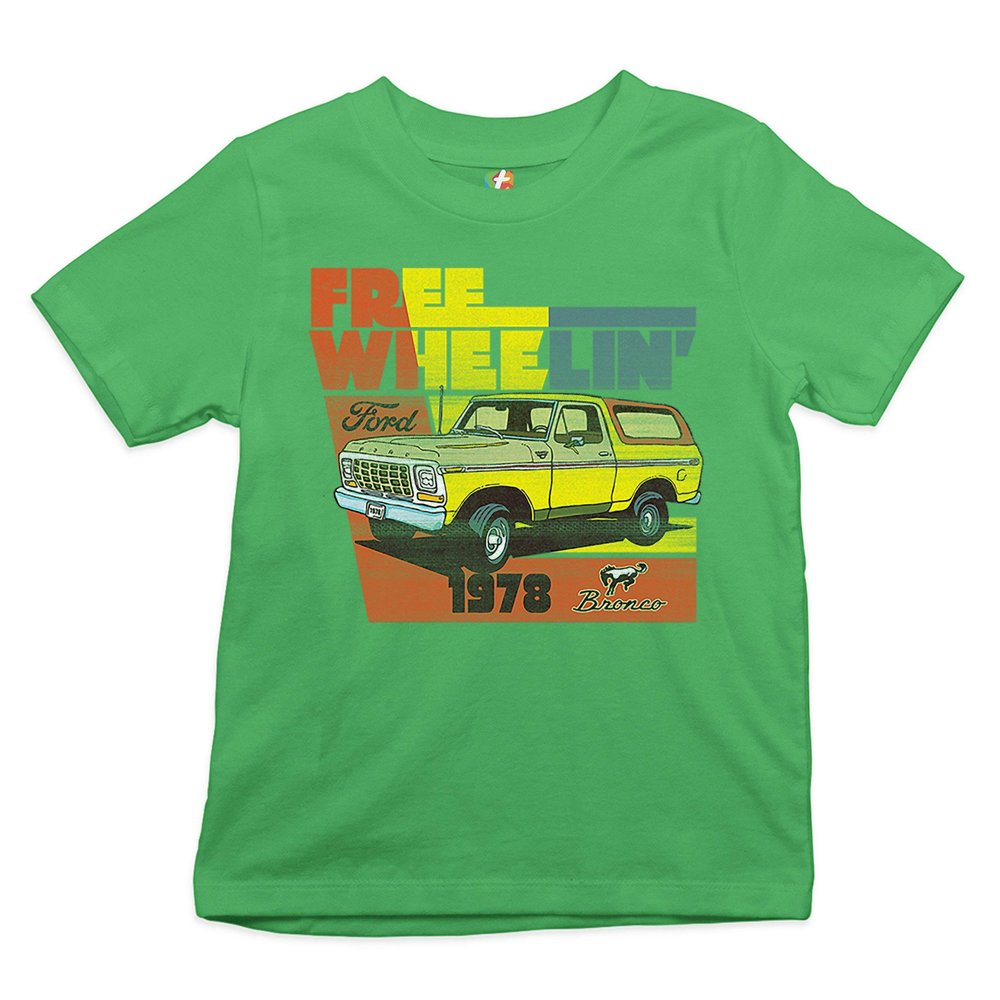 Ford Bronco 1978 Kid's T-Shirt Free Wheelin' Off-Road Licensed Boys Girls Tee Green Small