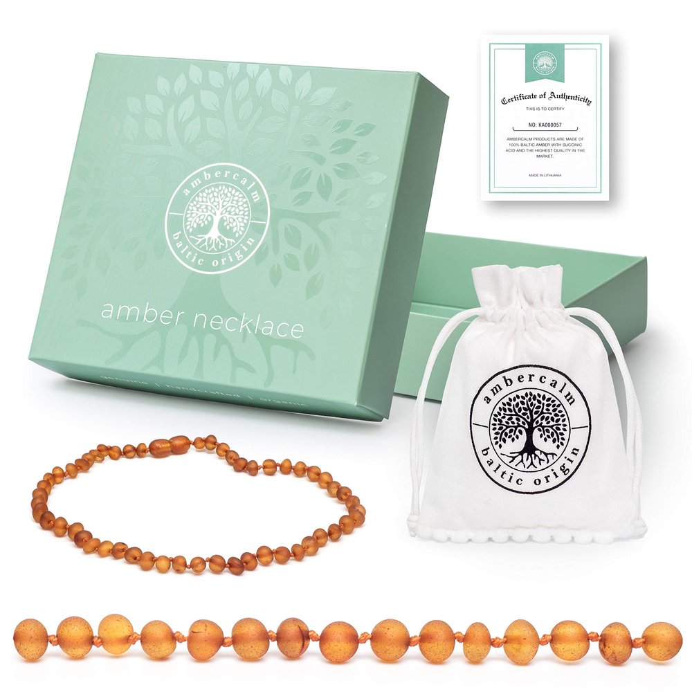 Ambercalm Baltic Amber Necklace - Raw Unpolished Amber Baroque w/Certified Genuine Baltic Amber Cognac 12.5 Inches