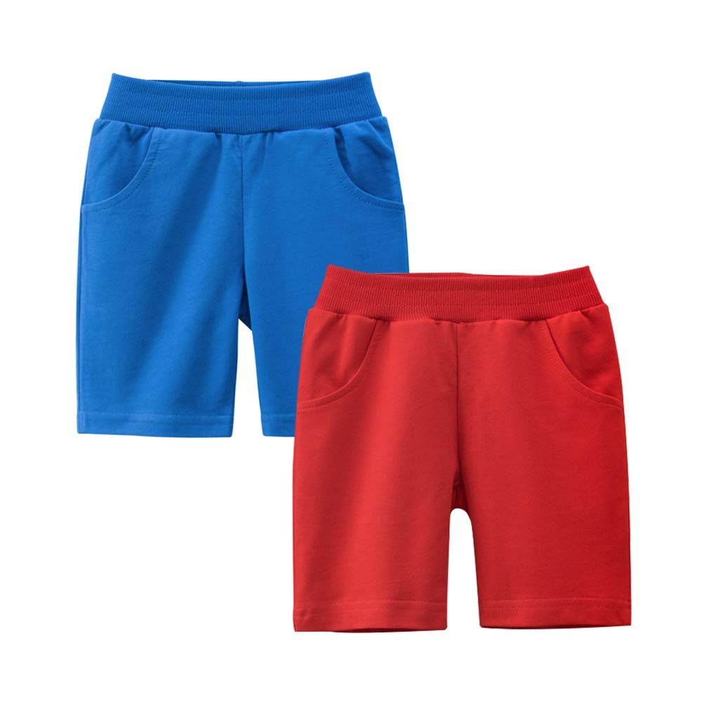 Azalquat Baby Boys Summer Knit Shorts with Pocket, 2 Pack Toddler Pull-On Soft Active Shorts (Red & Blue, 4T)