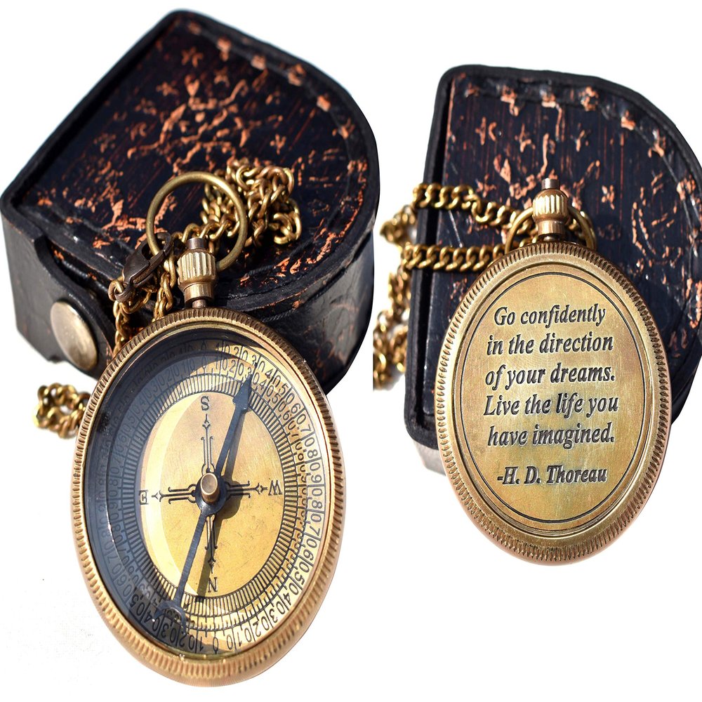 Amazing Art Handicrafts Go Confidently Quote Engraved Compass with Antique Leather Case - Camping & Boating - Gift & Graduation Day Compass - Antique Brass