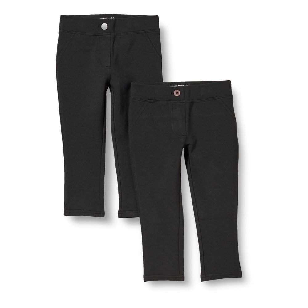 Amazon Essentials Toddler Girls' Uniform Slim Fit Ponte-Knit Pants with Elastic Waist, Pull On, Adjustable, Pack of 2, Black, 2T