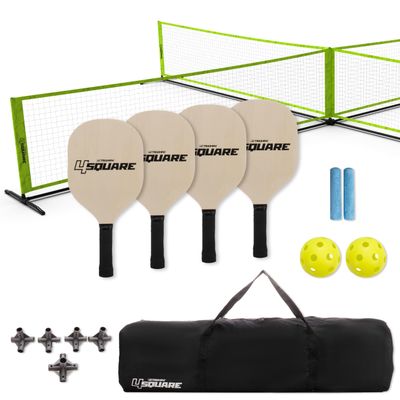 Triumph Sports 4 Square Pickleball Game Set Transforms to Regulation Pickleball Net, Includes 4 Square net, Wood Racket Paddles, Pickleballs, Boundary Markers, Metal Frame, Carry Bag