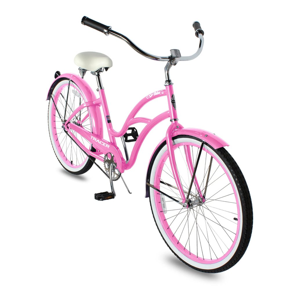 Tracer Taha Beach Cruiser Bike, 26 inch Commuter Bicycle, Single Speed/7 Sepeed Options, Hi-Ten Steel Frame, City Hybrid Bike for Women Men Adult (1-Speed - F, Pink)
