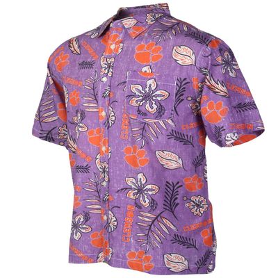 Wes and Willy Mens College Sports Fan Shirt Hawaiian-Vintage Floral Short Sleeve Button Down (Clemson Tigers, Small) Purple