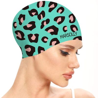 Marsolly Silicone Swim Cap for Women, Waterproof Long Hair Swimming Caps with Leopard Printed (Green)