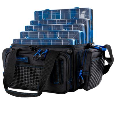Evolution Outdoor Drift Series Topless Horizontal Tackle Bag Blue Version 3600 Size, Outdoor Rucksack w/ 5 Fishing Tackle Trays, Padded Handle and Shoulder Strap, Plier Holster, Tackle Carrying Case