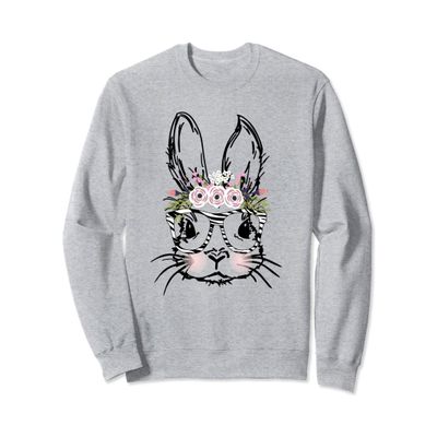Cute Bunny Face Shirt Animal Print Glasses EASTER Flowers Sweatshirt