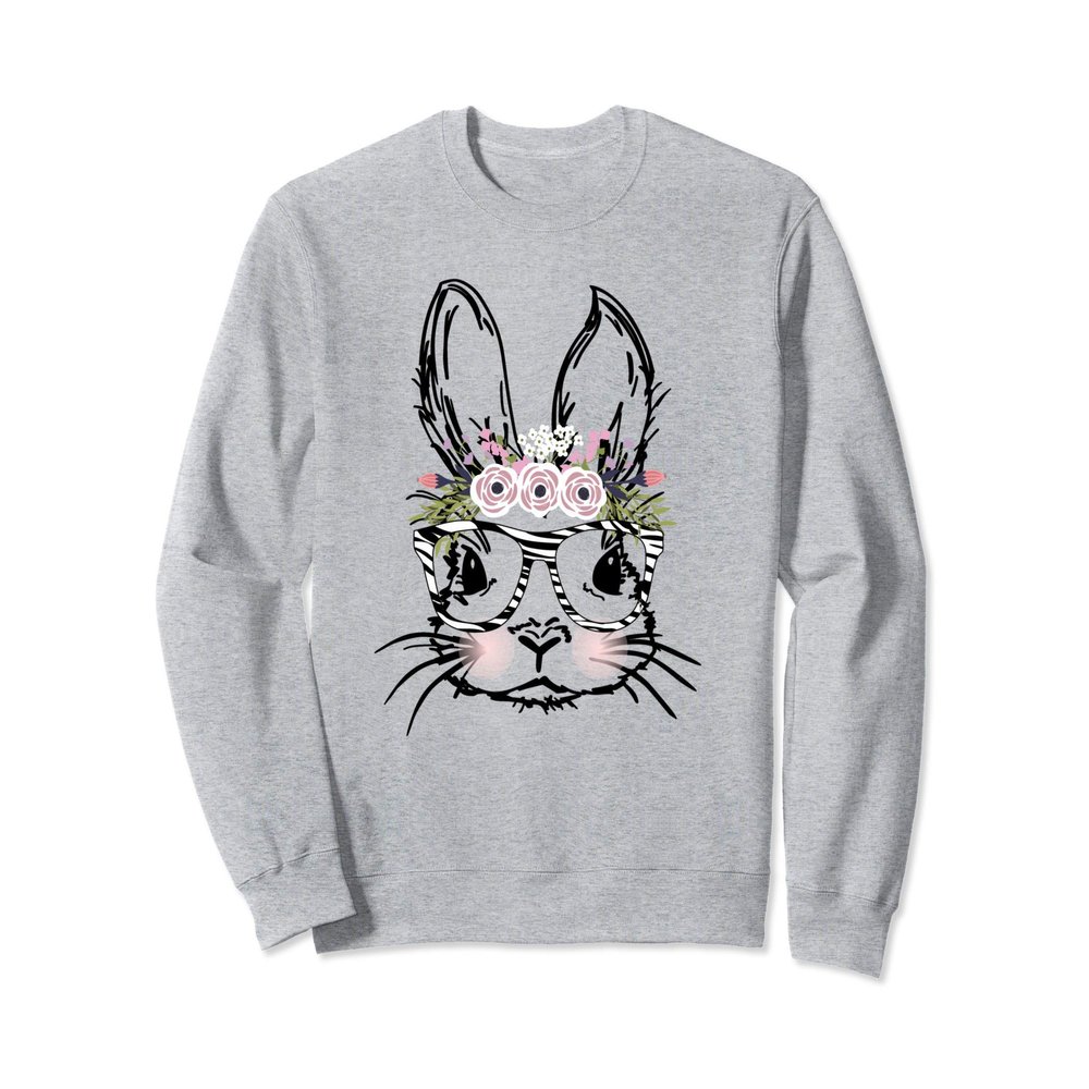 Cute Bunny Face Shirt Animal Print Glasses EASTER Flowers Sweatshirt