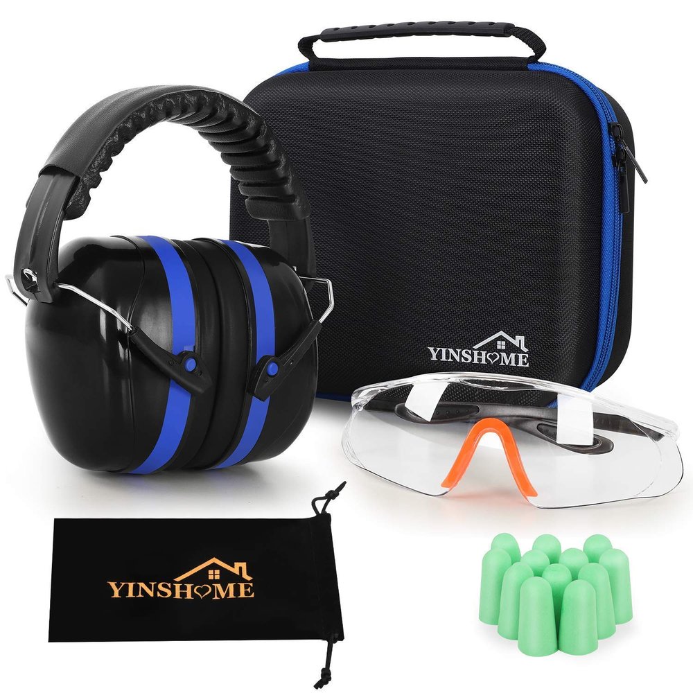YINSHOME Shooting Ear Protection Earmuffs, Gun Safety Glasses, Earplugs, Protective Case,BLACK+BLUE