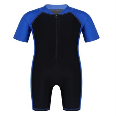 renvena Kids Boys One Piece Short Sleeve Swimwear Front Zipper Jumpsuit Side Color Shorts Rash Guard Wetsuit Blue&Black 3-4