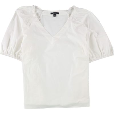 Alfani Womens Poplin Blouse Large V-Neck Smocked-Shoulder White L