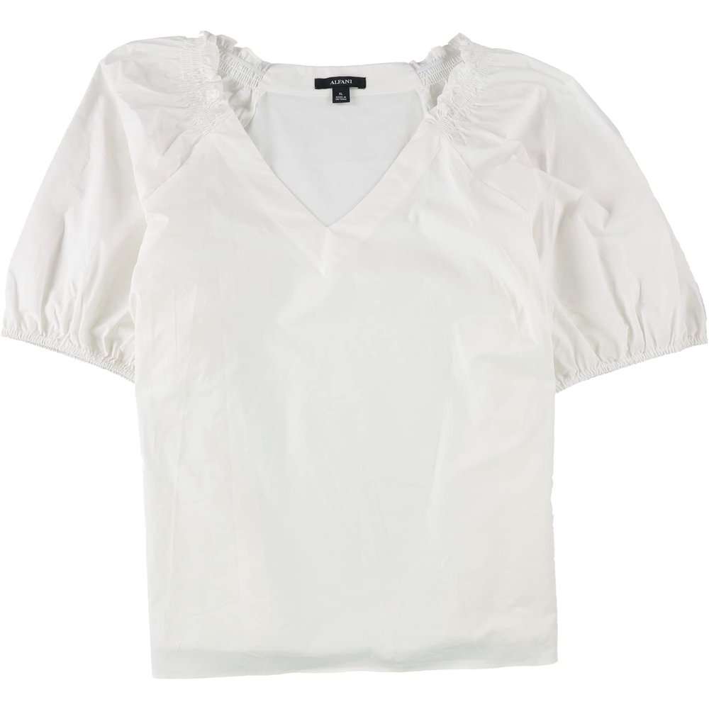 Alfani Womens Poplin Blouse Large V-Neck Smocked-Shoulder White L