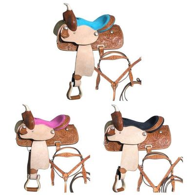 2021 Leather Western Barrel Racing Horse Saddle Tack with Matching, Headstall, Breast Collar, Reins (Size 14"-18") (15" Inches, Blue)
