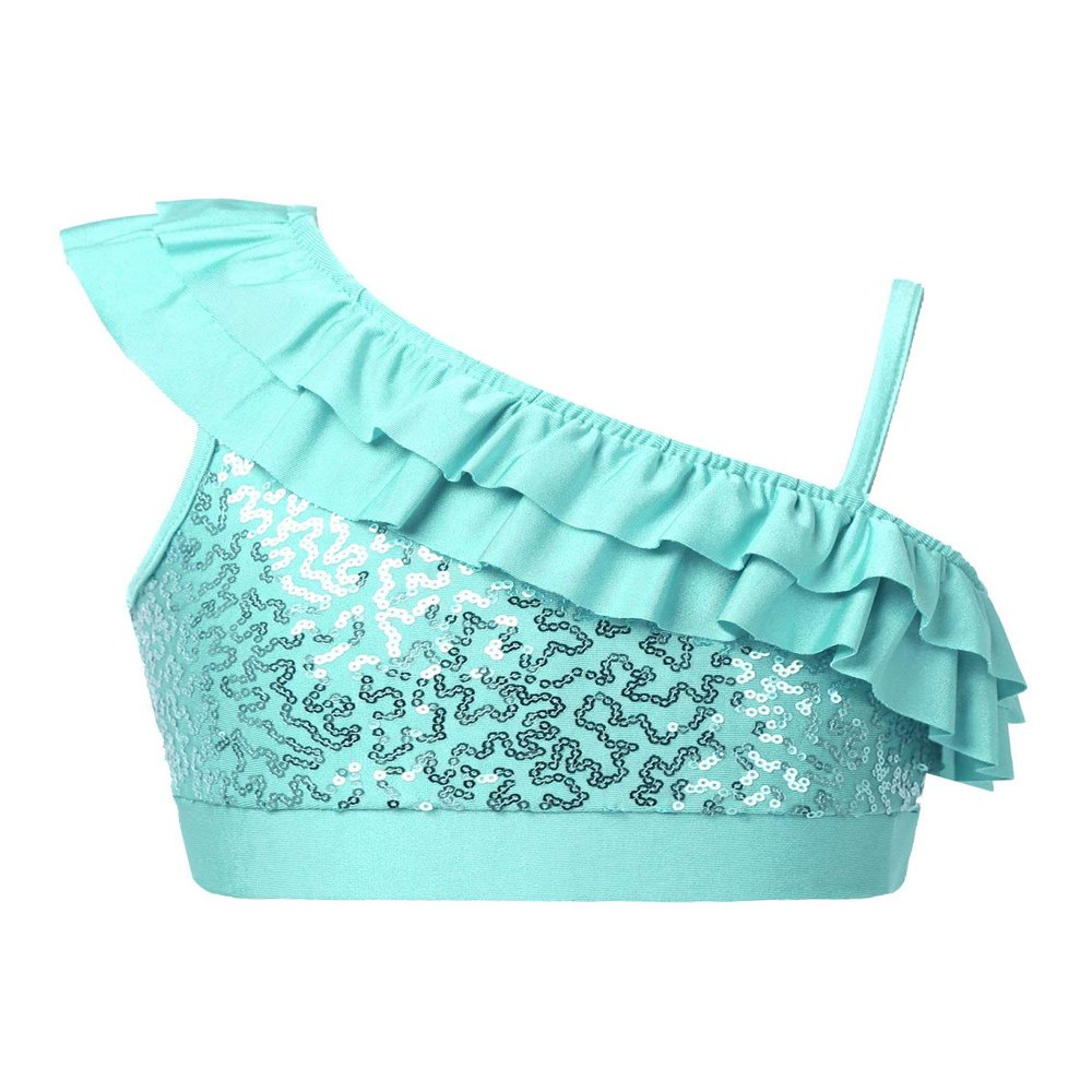 Aislor Girls Kids Shiny Sequined Dance Crop Top Asymmetrical Shoulder Straps Ruffle Jazz Modern Dance Top Mint Green 12