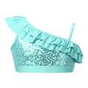 Aislor Girls Kids Shiny Sequined Dance Crop Top Asymmetrical Shoulder Straps Ruffle Jazz Modern Dance Top Mint Green 12 view 1