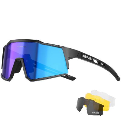 KAPVOE Polarized Cycling Glasses with 4 Interchangeable Lenses TR90 Sports Sunglasses Women Men Running MTB Bike Bicycle Accessories 02 Blue Black