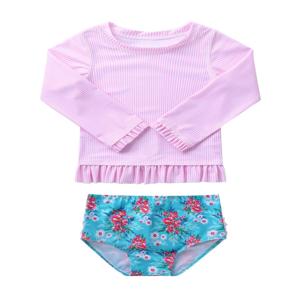 YONGHS 2 Piece Little Girls Rash Guard Summer Swimsuit Long Sleeve Bikini Ruffle Swimwear Bathing Suit Pink Stripe 0-3 Months