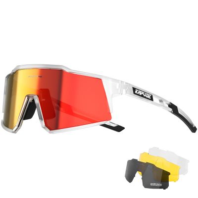KAPVOE Polarized Cycling Glasses with 4 Interchangeable Lenses TR90 Sports Sunglasses Women Men Running MTB Bike Bicycle Accessories 12 Red Clear