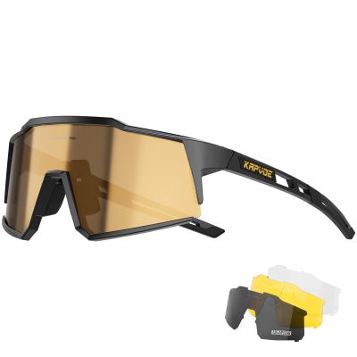 KAPVOE Polarized Cycling Glasses with 4 Interchangeable Lenses TR90 Sports Sunglasses Women Men Running MTB Bike Bicycle Accessories 04 Brown Black