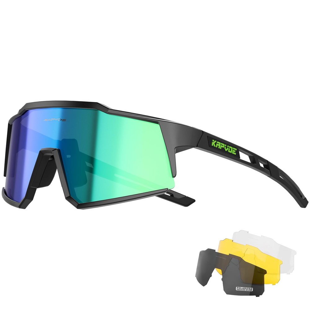 KAPVOE Polarized Cycling Glasses with 4 Interchangeable Lenses TR90 Sports Sunglasses Women Men Running MTB Bike Bicycle Accessories 03 Green Black