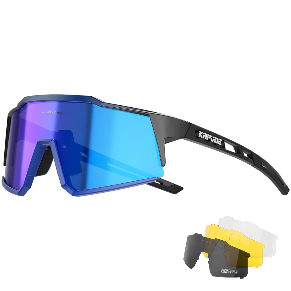 KAPVOE Polarized Cycling Glasses with 4 Interchangeable Lenses TR90 Sports Sunglasses Women Men Running MTB Bike Bicycle Accessories 06 Blue Black